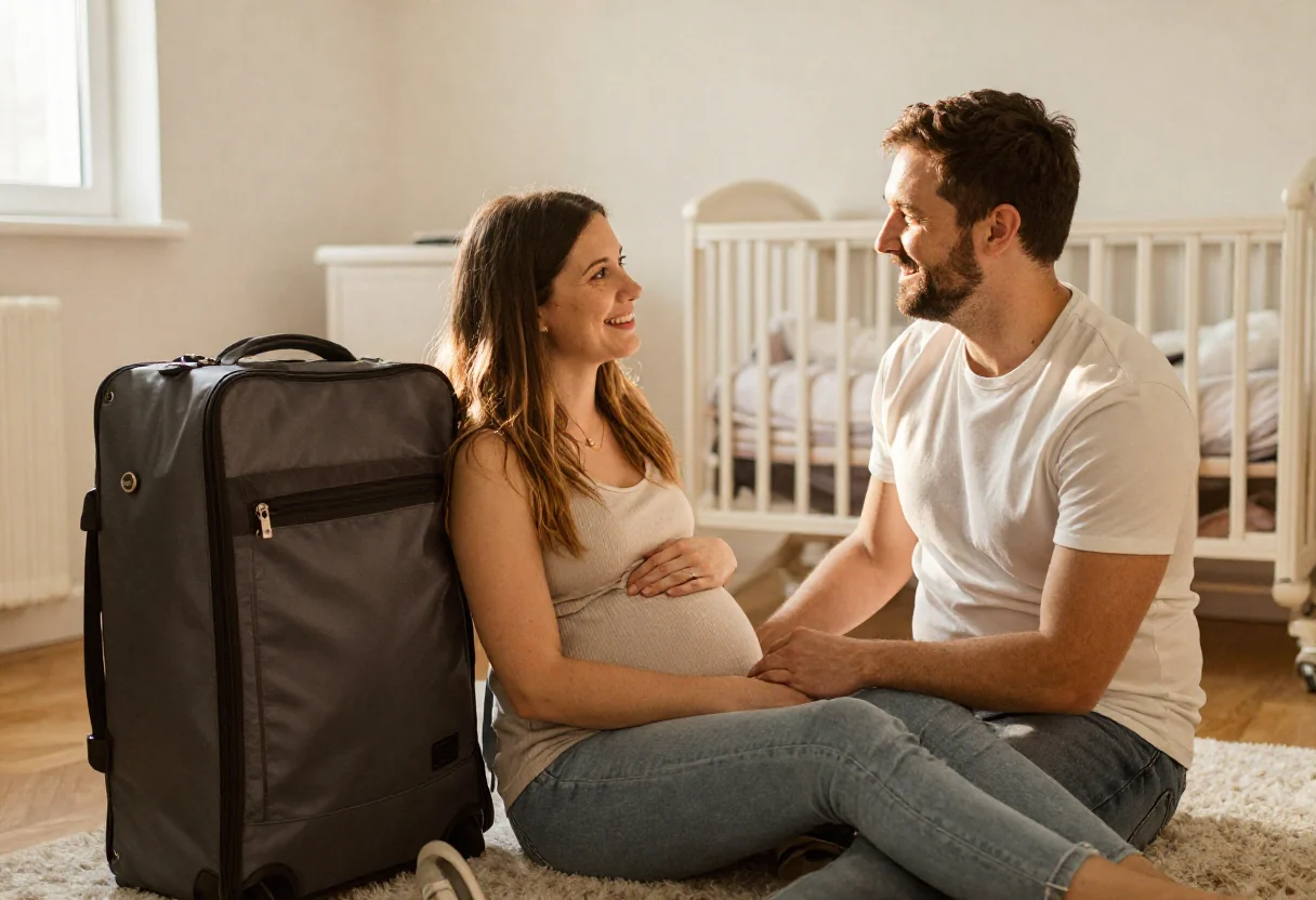 Mẹ bầu ngồi cạnh vali đi sinh cùng người bạn đời