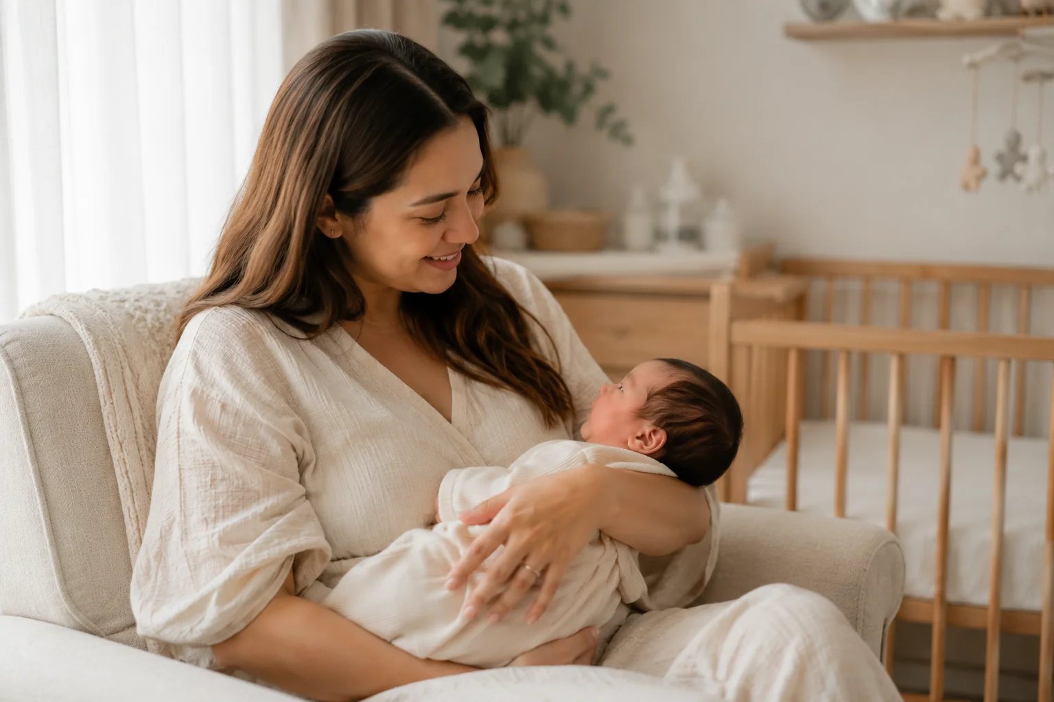 Mẹ bế em bé trong phòng trẻ