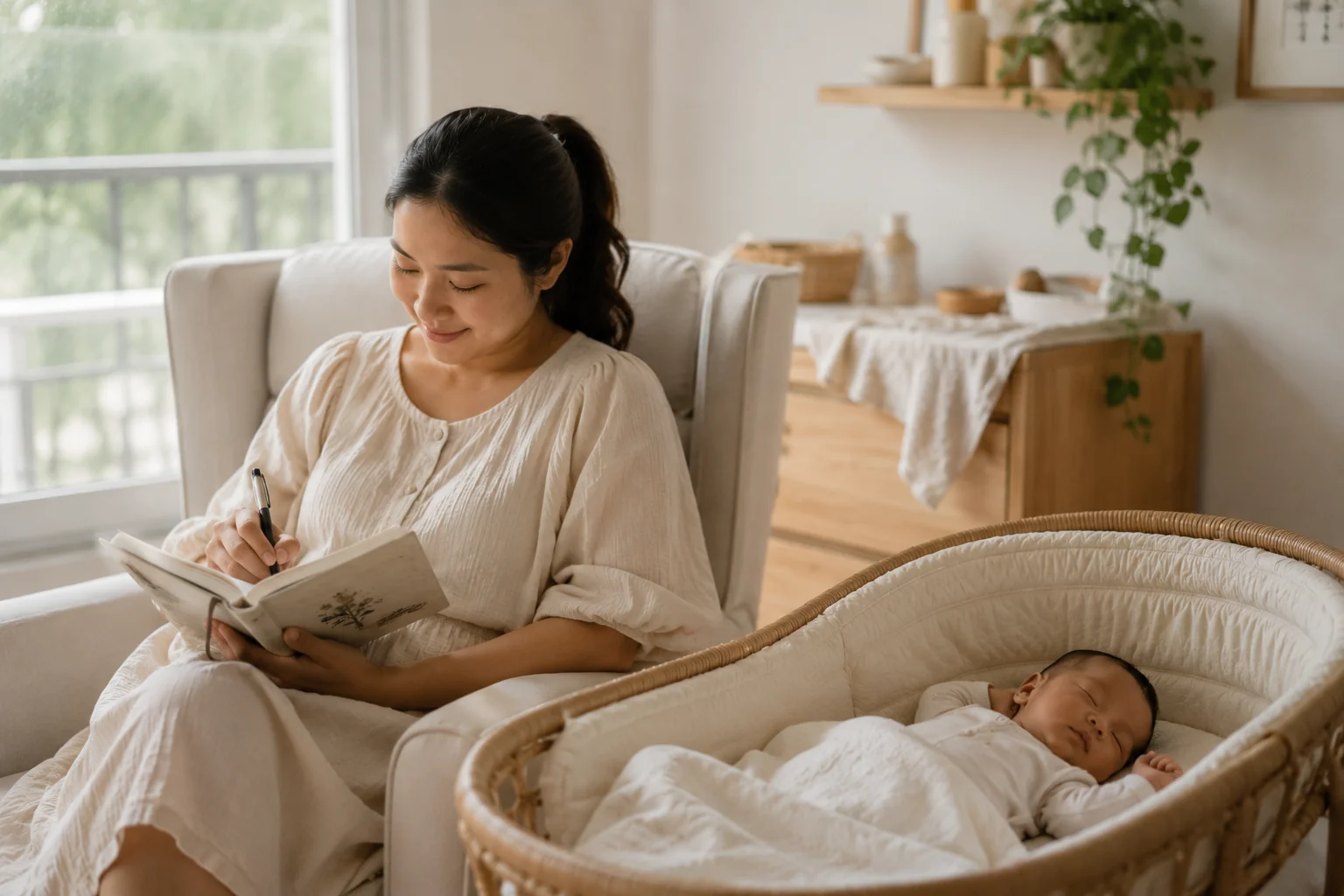 Mẹ ghi chép khi em bé ngủ trong nôi